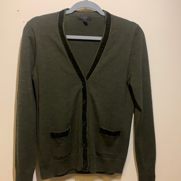 J.Crew Harlow Velvet Trimmed Cardigan in Olive Green - Picture 3 of 7